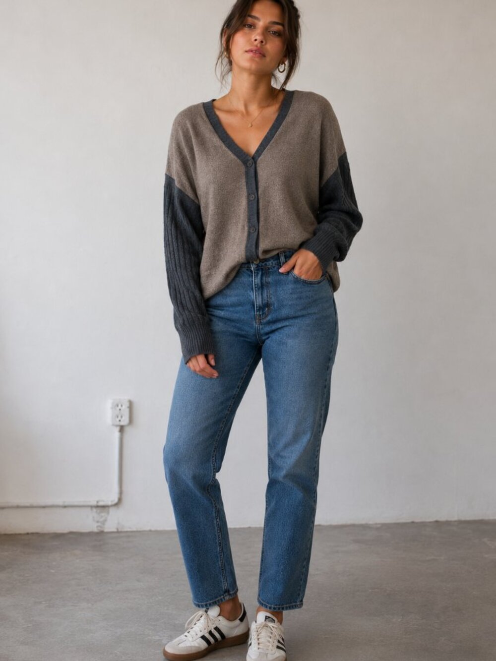 BOLD/italic Women’s Small Taupe Gray Charcoal Color Block Button Front Cardigan